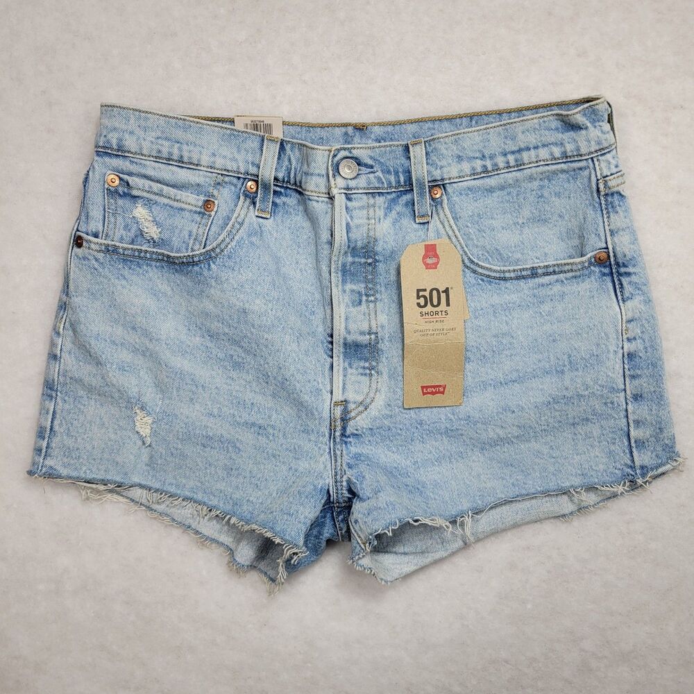 Levis 501 Original Denim Shorts Womens 32 Light Blue High Rise Raw Hem NWT